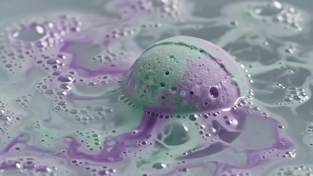 Slow motion close-up of a fizzy bath bomb dissolving in water. Purple and green colors swirling with expanding bubbles. Self-care and spa wellness concept