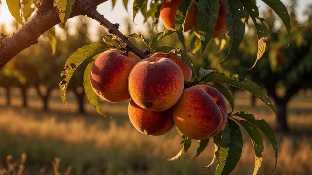 Close up of a bunch of fresh, ripe peaches hanging from a tree branch in a sunlit orchard. The warm evening light illuminates the fuzzy skin of the juicy fruit, ready for harvest