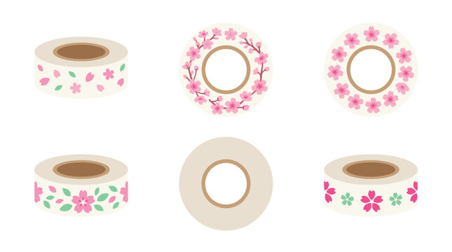 Collection of decorative washi tapes with floral and leaf patterns, pixel art style, isolated on white