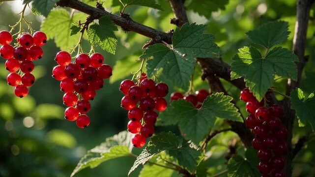 Clusters of juicy red currants hang from a branch, swaying gently in the summer breeze, illuminated by warm sunlight in a lush green garden, ready for harvest and eating