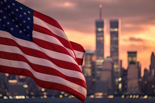 Flag fluttering in foreground, iconic towers silhouetted against vibrant sunset, evoking hope