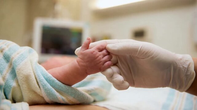 Close up of a doctor's gloved hand gently holding the tiny hand of a newborn baby in a hospital room, symbolizing trust, care, and the beginning of a new life with medical support