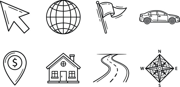 Hand drawn business and travel navigation vector icon set featuring arrow globe flag car pin house road compass.