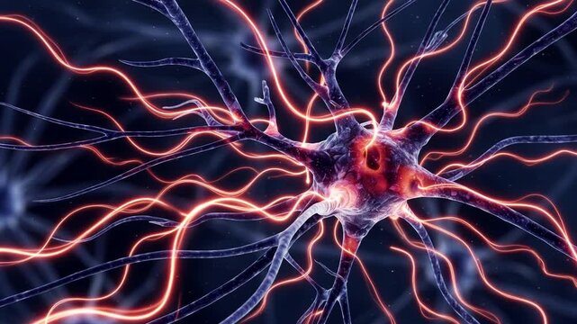 Dynamic visualization showing a neuron firing and transmitting electrical impulses through its complex network, representing the intricate communication within the human nervous system