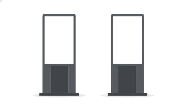 Two blank grey digital advertisement kiosks standing side by side isolated on white background with shadows.