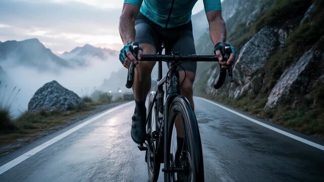 Muscular cyclist riding a professional road bike up a steep, wet mountain pass during a foggy sunset, showcasing determination, endurance, and the adventurous spirit of outdoor sports