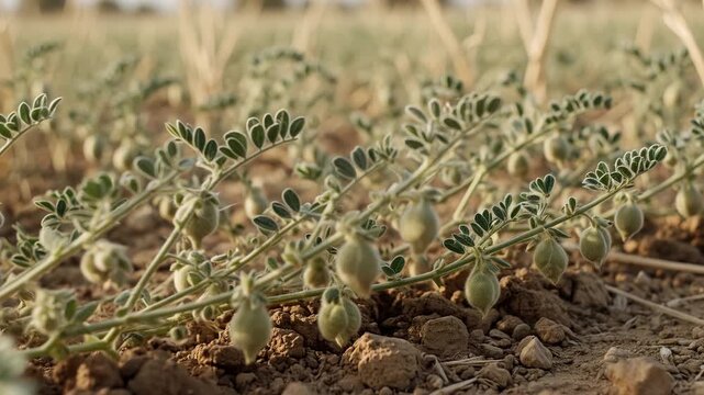 Green chickpea pods on a young plant growing in a row on fertile brown soil, cultivated in a rural farm field during a sunny day representing agricultural production and the harvest cycle