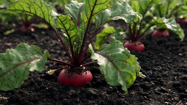 Fresh organic beetroot growing in rich garden soil, surrounded by healthy green leaves. Natural farming, home gardening and sustainable agriculture concept.