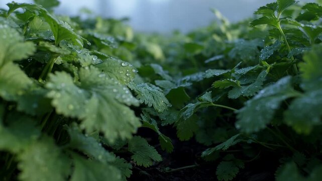 Lush green coriander leaves with fresh water droplets growing in a garden bed, showcasing organic farming and healthy herbs in a natural, agricultural setting with a shallow depth of field