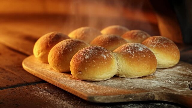 Delicious, hot bread rolls steaming on a wooden baker's peel just taken out of a traditional brick oven. The warm, golden brown crust is dusted with flour, showcasing authentic baking methods