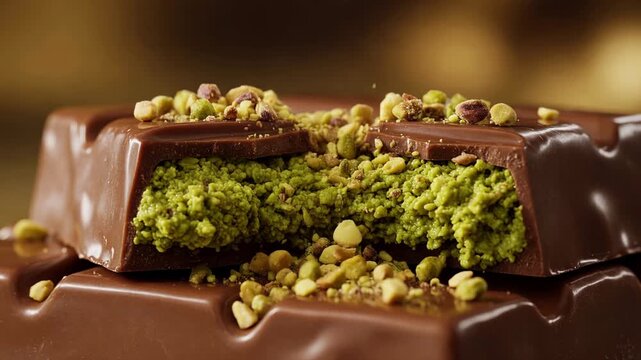Delicious chopped pistachios falling in slow motion on top of a rich milk chocolate bar with a creamy green filling. Nutty and sweet gourmet confection, perfect for a luxurious dessert