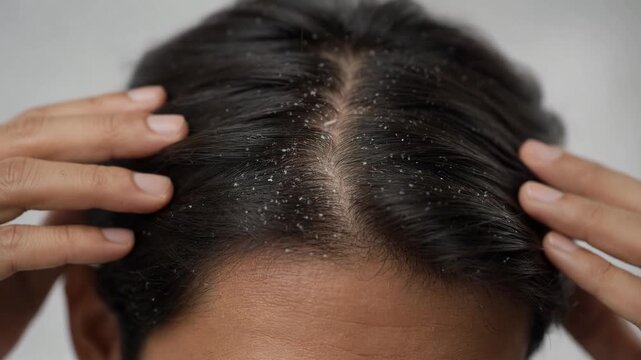 Close up view of a man with black hair scratching his itchy scalp, revealing a severe case of dandruff and seborrheic dermatitis, highlighting a common hair and skin health problem