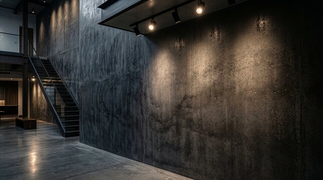 Modern industrial loft staircase with dramatic lighting. Dark concrete interior with moody architectural shadows and urban design elements