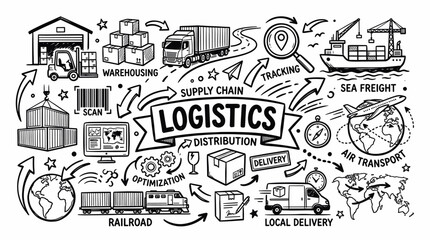 Obraz premium Logistics Supply Chain Concept in Black and White Hand Drawn Doodle Style