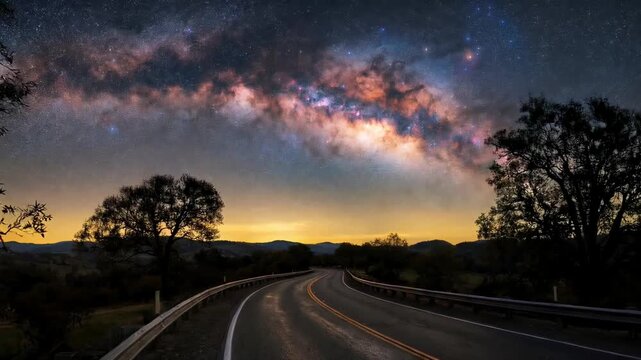 Breathtaking panorama of the milky way galaxy arching across a dark starry sky above a winding country road, with a warm sunset glow on the horizon and silhouetted trees framing the scene