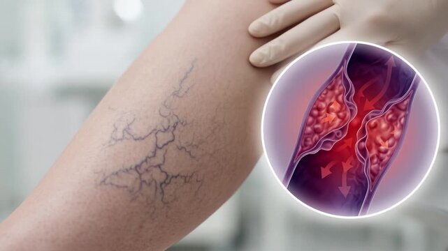 Phlebologist examining a patient's leg with varicose veins, showing an animated graphic of deep vein thrombosis and poor blood circulation, illustrating a serious vascular health problem