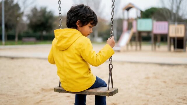 Unhappy little boy sitting alone on a swing at an empty playground on an overcast day, experiencing childhood loneliness, boredom, and social isolation while waiting for friends to play with