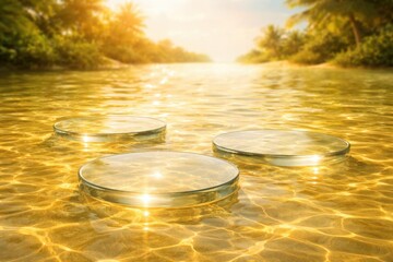 Obraz premium Glass Discs Floating on Sparkling Water with Sunlight Reflections