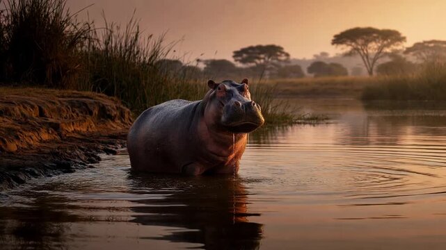 Majestic hippopotamus standing in a tranquil river at sunrise, looking around its natural habitat in the african savanna with warm golden light reflecting on the calm water surface