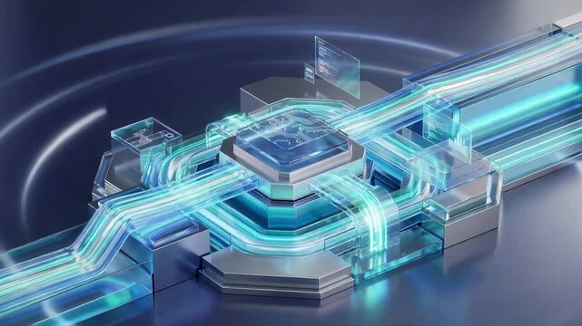 High speed data processing through a quantum computer processor, showcasing futuristic digital technology, artificial intelligence, and the flow of information on a circuit board with light effects