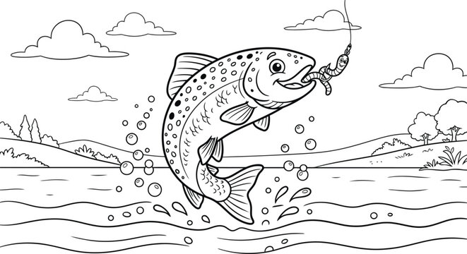Big trout fish biting a worm hook in the river, black and white line art vector illustration