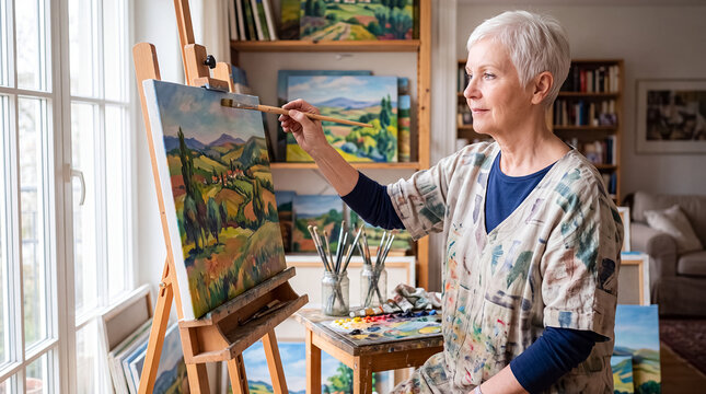 senior painting artist woman canvas landscape creativity studio hobby elderly Older woman paints a colorful landscape on canvas at home for creative aging art classes and fulfilling retirement