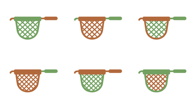 Collection of six simplified fishing nets in two colors, green and brown, arranged in a 2x3 grid, isolated on white background