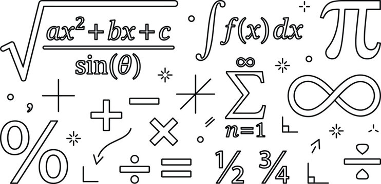 Mathematics formula vector line icon set with algebra equations calculus integral pi infinity sign for science education background