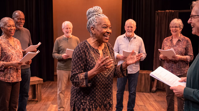 seniors theater rehearsal acting community diverse stage drama performance elderly Diverse older performers rehearse scripts together on stage for community theater creative confidence and retirement