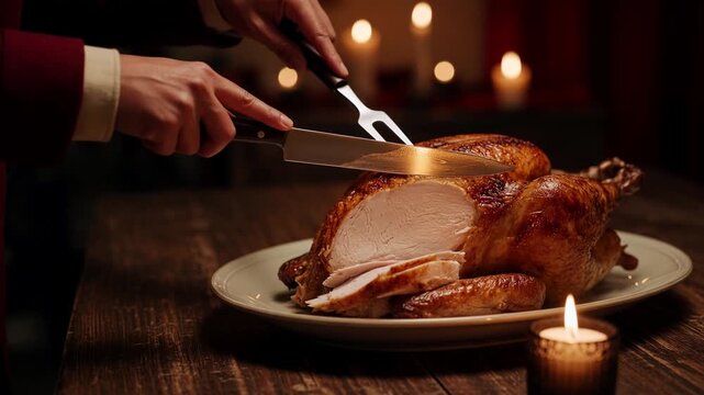 Male hands carving a juicy, roasted turkey breast with a knife and fork on a wooden table, a warm and festive holiday dinner celebration with candles providing an intimate and cozy atmosphere