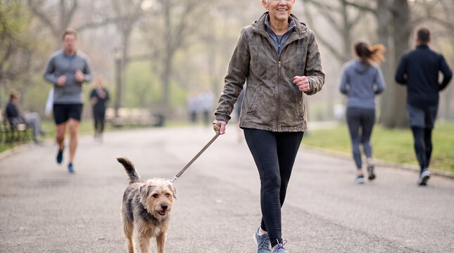 senior dog walking park woman active pet exercise outdoors wellness Active older woman walks her dog along a park path for healthy aging daily exercise and joyful pet companionship campaigns