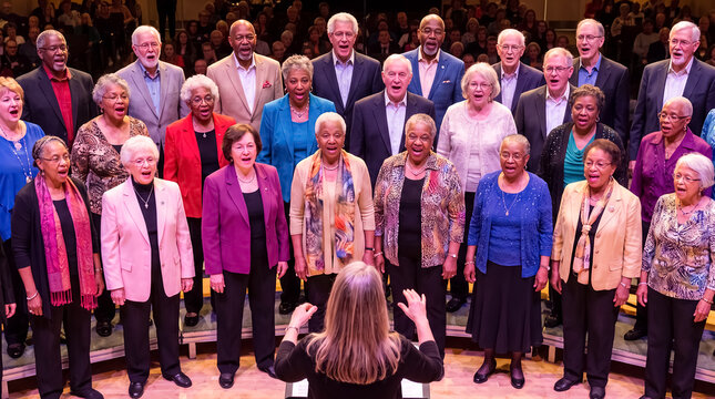 senior choir singing conductor multicultural performance community music retirement concert Diverse older adults sing together under a conductor on stage showing community connection and creative