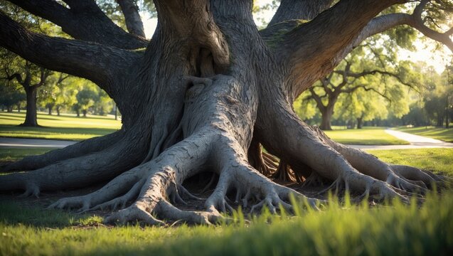 Two trees growing side by side with roots and trunks intertwined.