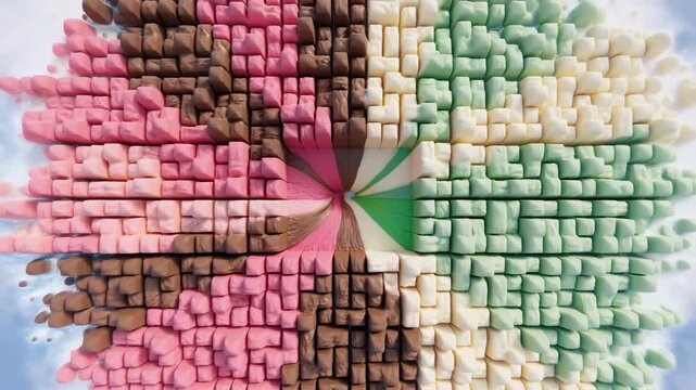 Multicolored padded cube mosaic folding inward into central swirl with curling petal shapes and glossy rounded surfaces forming bright abstract radial motion, with abstract, cube, block, mosaic detail