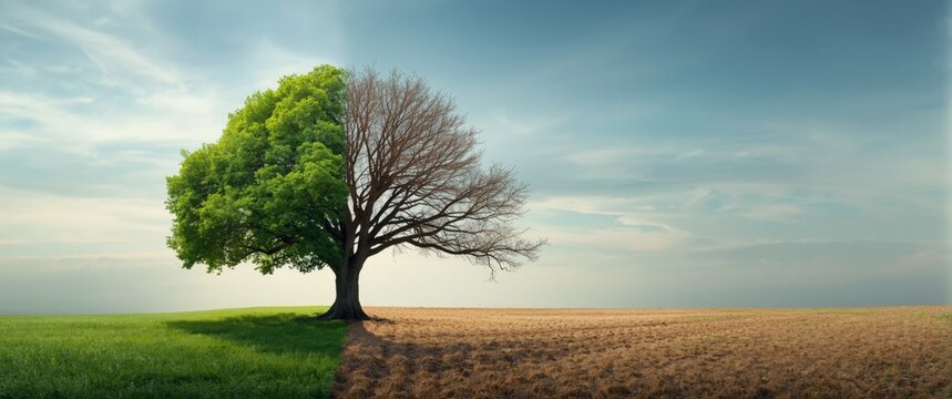 Tree with Half Green Foliage and Half Leafless Branches in Split Landscape Under a Blue Sky