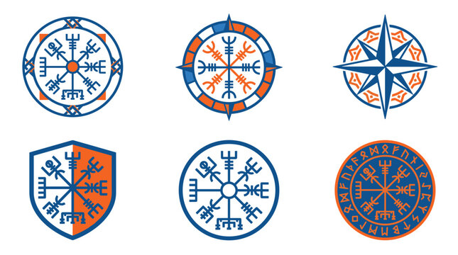 Collection of six viking compass symbols, rune symbols, and shield emblem with pixel art style in blue and orange, vector illustrations