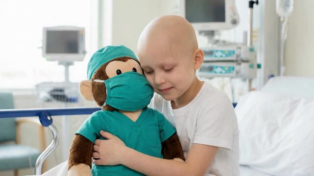 Young bald boy with cancer sitting in a hospital bed, holding a stuffed monkey toy dressed as a surgeon. Portrait of a pediatric oncology patient showing hope and resilience during treatment
