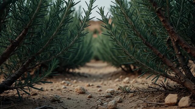 Camera moving forward between two symmetrical rows of fragrant rosemary plants growing in a dry, sandy field, showing a low angle perspective of the agricultural cultivation of this aromatic herb