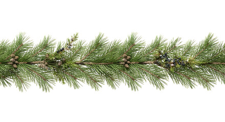 Decorative pine garland border with cones and juniper berries on black background  © Jurairat