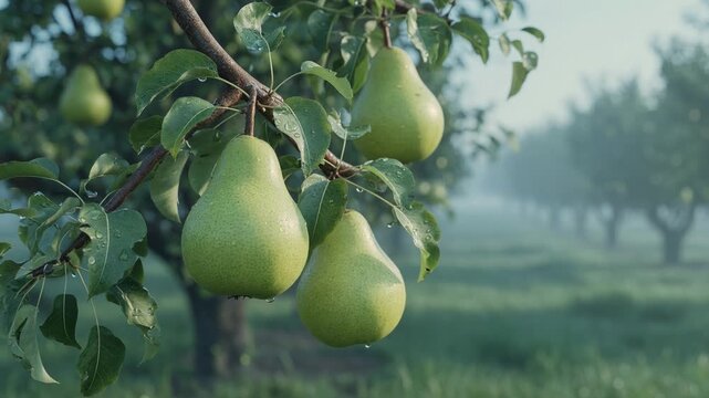 Closeup of a pear tree branch with ripe, dewy fruit hanging in an orchard on a peaceful, foggy morning, highlighting the concepts of natural growth, harvesting, and organic farming