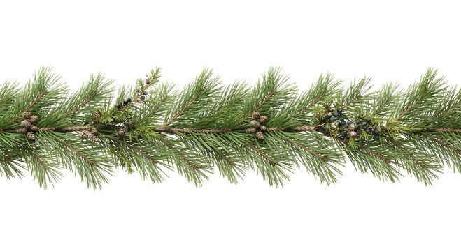 Decorative pine garland border with cones and juniper berries on black background
