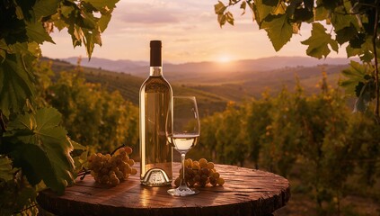 Obraz premium Wine Bottle and Glass on Rustic Table in Vineyard at Sunset