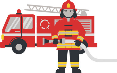 Naklejka premium Dedicated firefighter in a bright red uniform, holding a hose with a white nozzle, standing confidently beside a vibrant red fire truck with a ladder, conveying a sense of