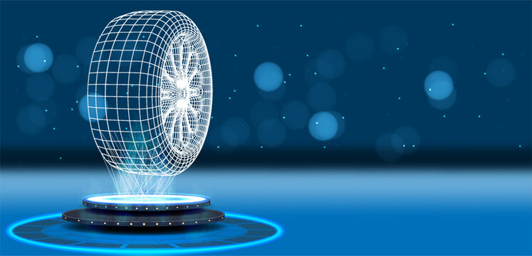3D wireframe wheel design displayed on a dark blue background with glowing circles and lines