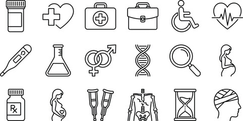 Medical healthcare vector line icon set with medicine bottle wheelchair heartbeat thermometer pregnancy DNA strand and hospital equipment © MDSAIFUL
