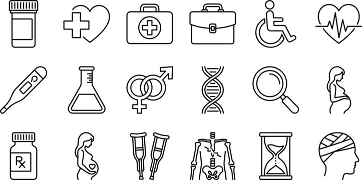 Medical healthcare vector line icon set with medicine bottle wheelchair heartbeat thermometer pregnancy DNA strand and hospital equipment
