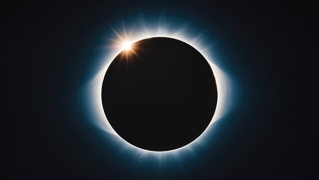 Total eclipse of the sun with blue corona aura around the moon. 2024 total eclipse of the sun taking place in the path of totality.