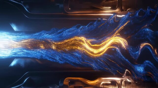 Blue and gold luminous particle streams sweeping through dark reflective metallic interior with S-shaped curves, gentle convergence, glowing highlights, dynamic layered motion