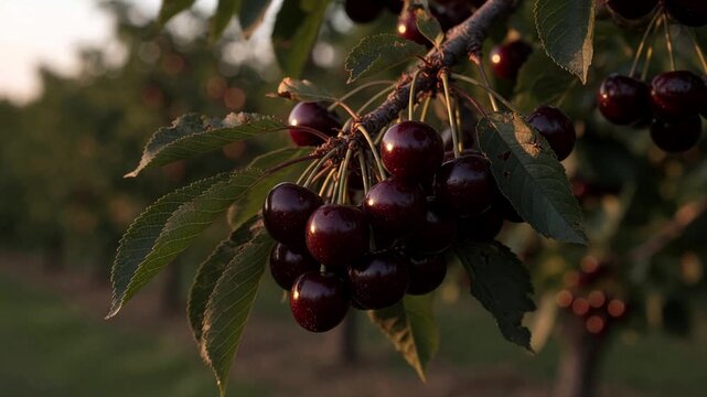 Close up of a bunch of ripe dark red cherries hanging on a tree branch, swaying gently in the breeze. The warm light of the setting sun illuminates the fruit in a beautiful orchard scene