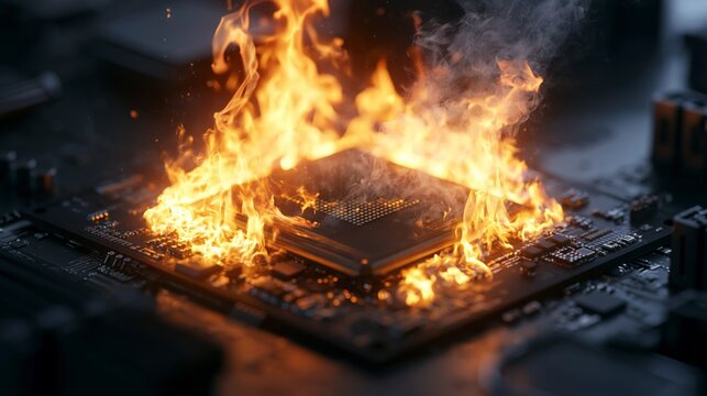 Central processing unit of computer is burning with fire, computer technology overheating concept.